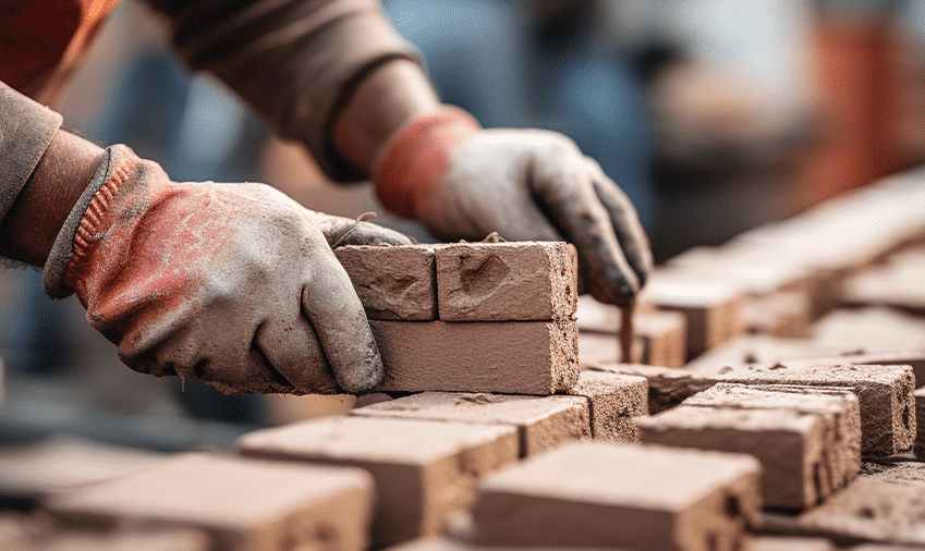Hands wearing gloves arranging clay bricks, symbolizing construction work and craftsmanship in masonry tasks.